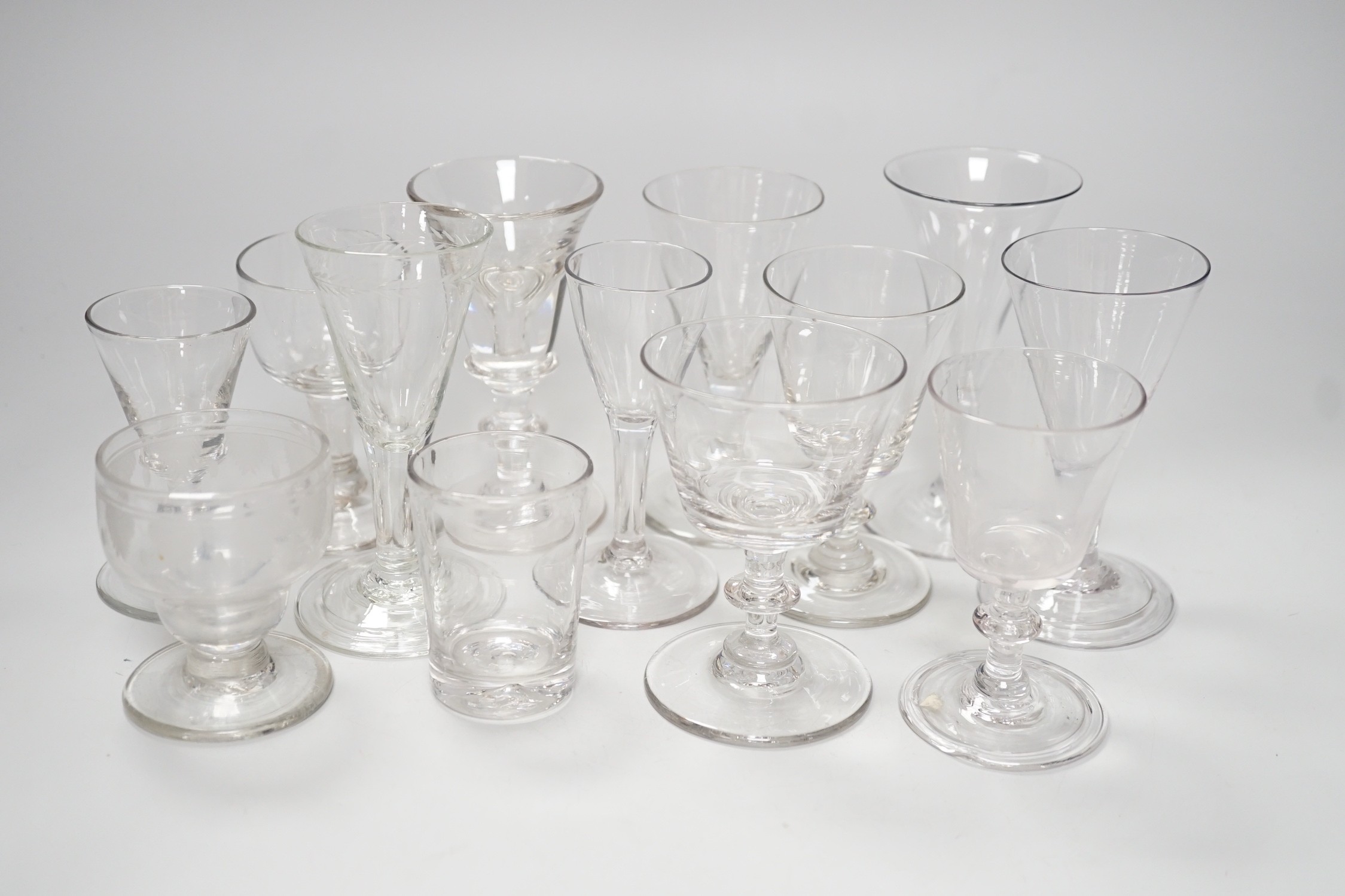 Thirteen various 18th/19th century wine glasses. Tallest 12cm